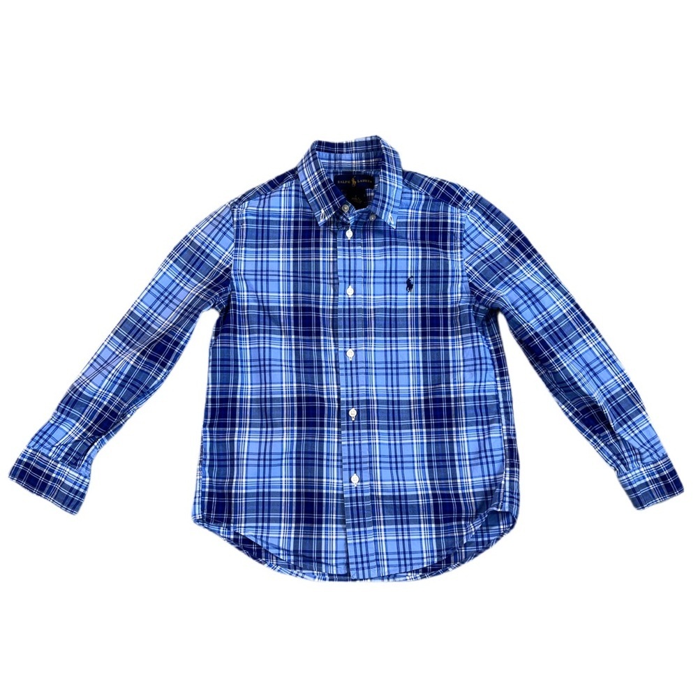 Ralph Lauren Boys Blue Plaid Button Down Shirt Size 7 Long Sleeve